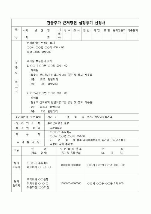(등기)건물추가 근저당권 설정등기 신청서