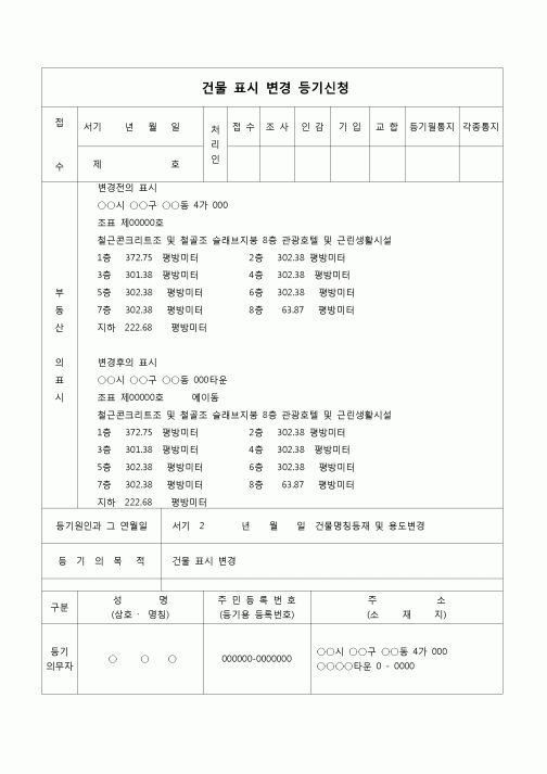 (등기)건물표시 변경등기 신청서(건물명칭등재 및 용도변경)