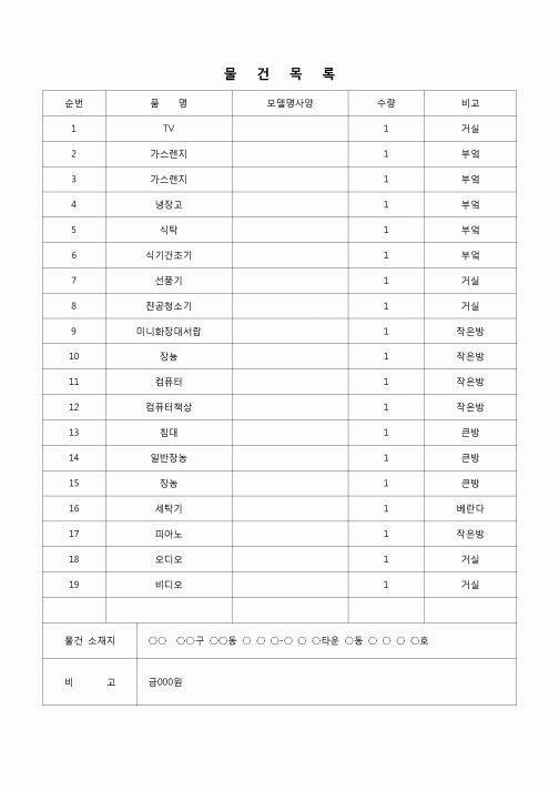 (가압류-가처분)유체동산의 물건목록(가압류등을 신청할 경우)